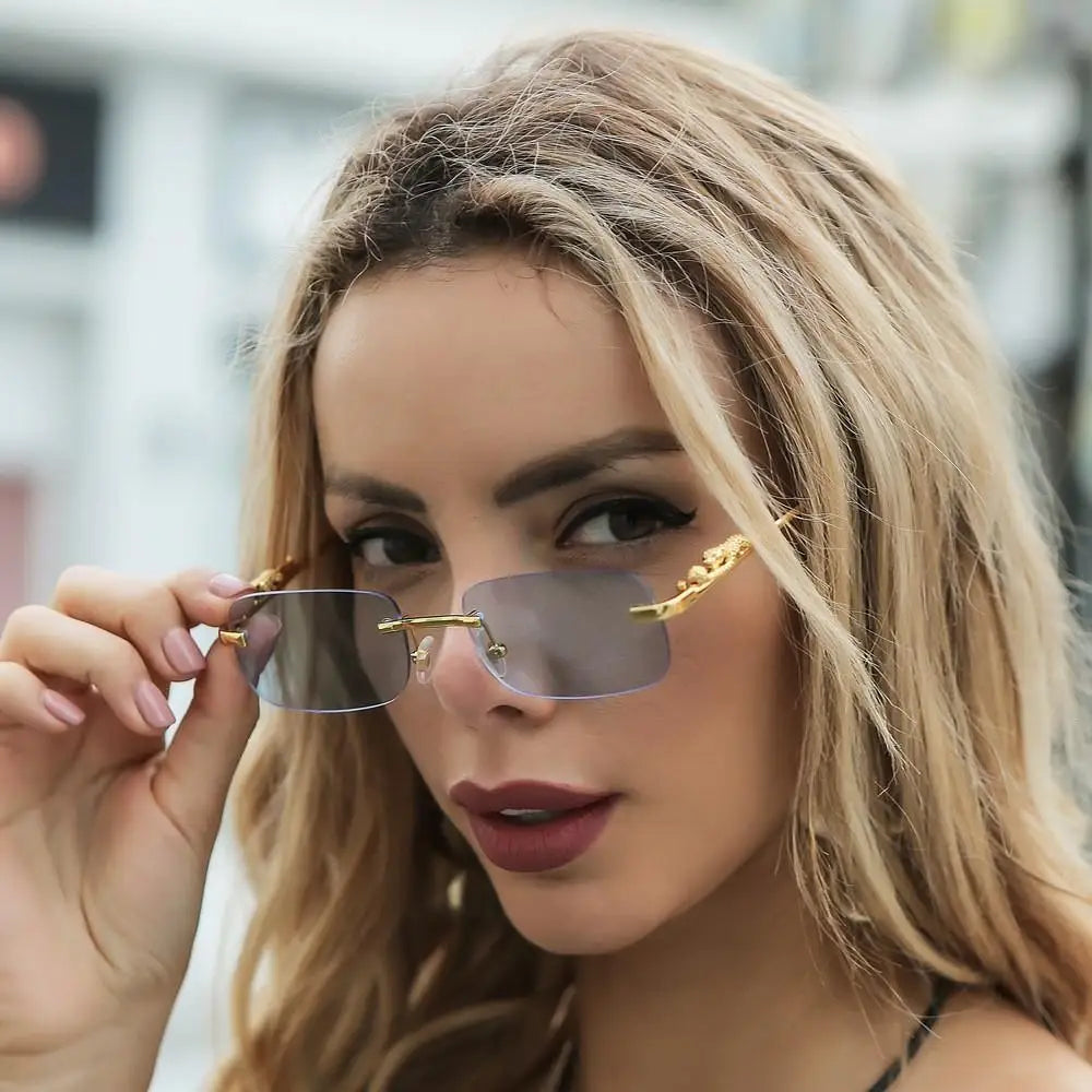 Retro Small Rimless Square Sunglasses: Golden Leopard Frame for Women and Men - Designer UV400 Eyewear Shades