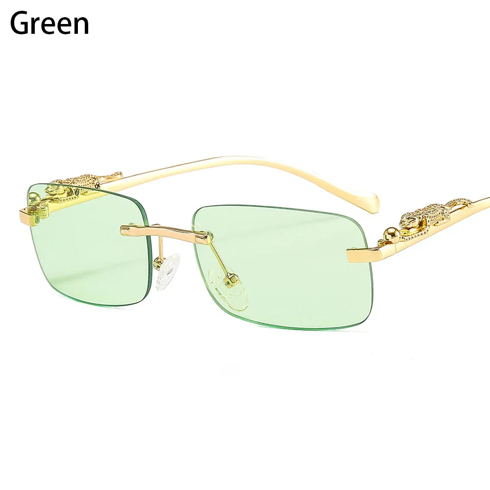 Retro Small Rimless Square Sunglasses: Golden Leopard Frame for Women and Men - Designer UV400 Eyewear Shades