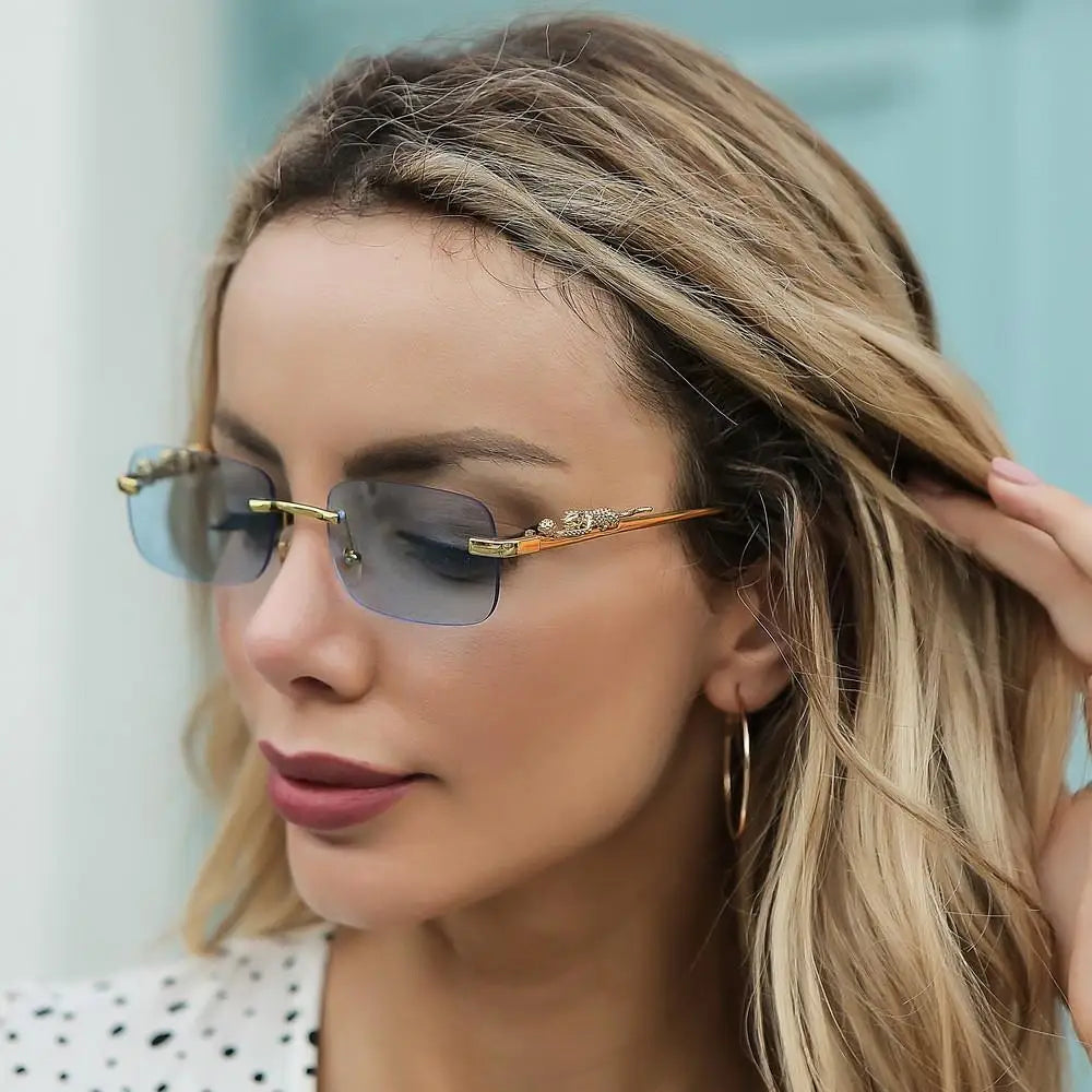 Retro Small Rimless Square Sunglasses: Golden Leopard Frame for Women and Men - Designer UV400 Eyewear Shades