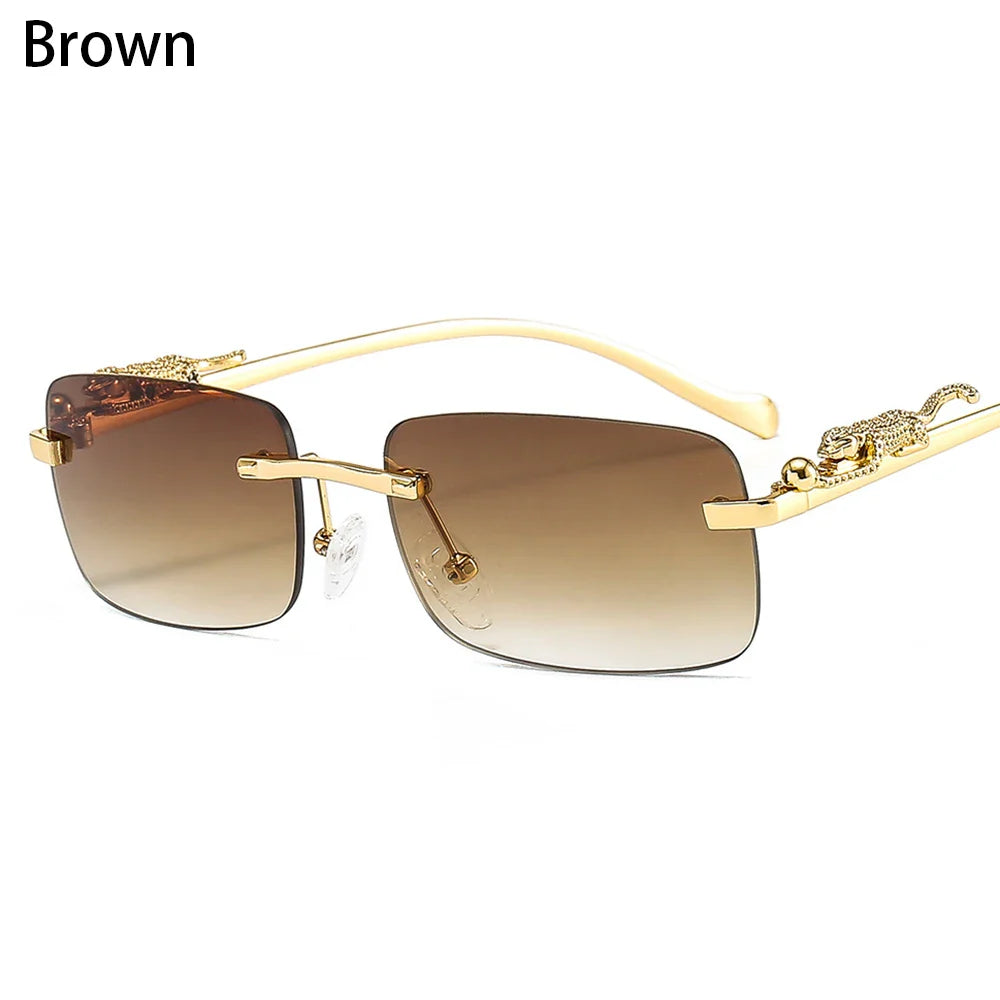 Retro Small Rimless Square Sunglasses: Golden Leopard Frame for Women and Men - Designer UV400 Eyewear Shades