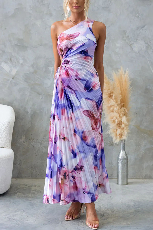 Dina™ | Floral One-Shoulder Pleated Maxi Dress